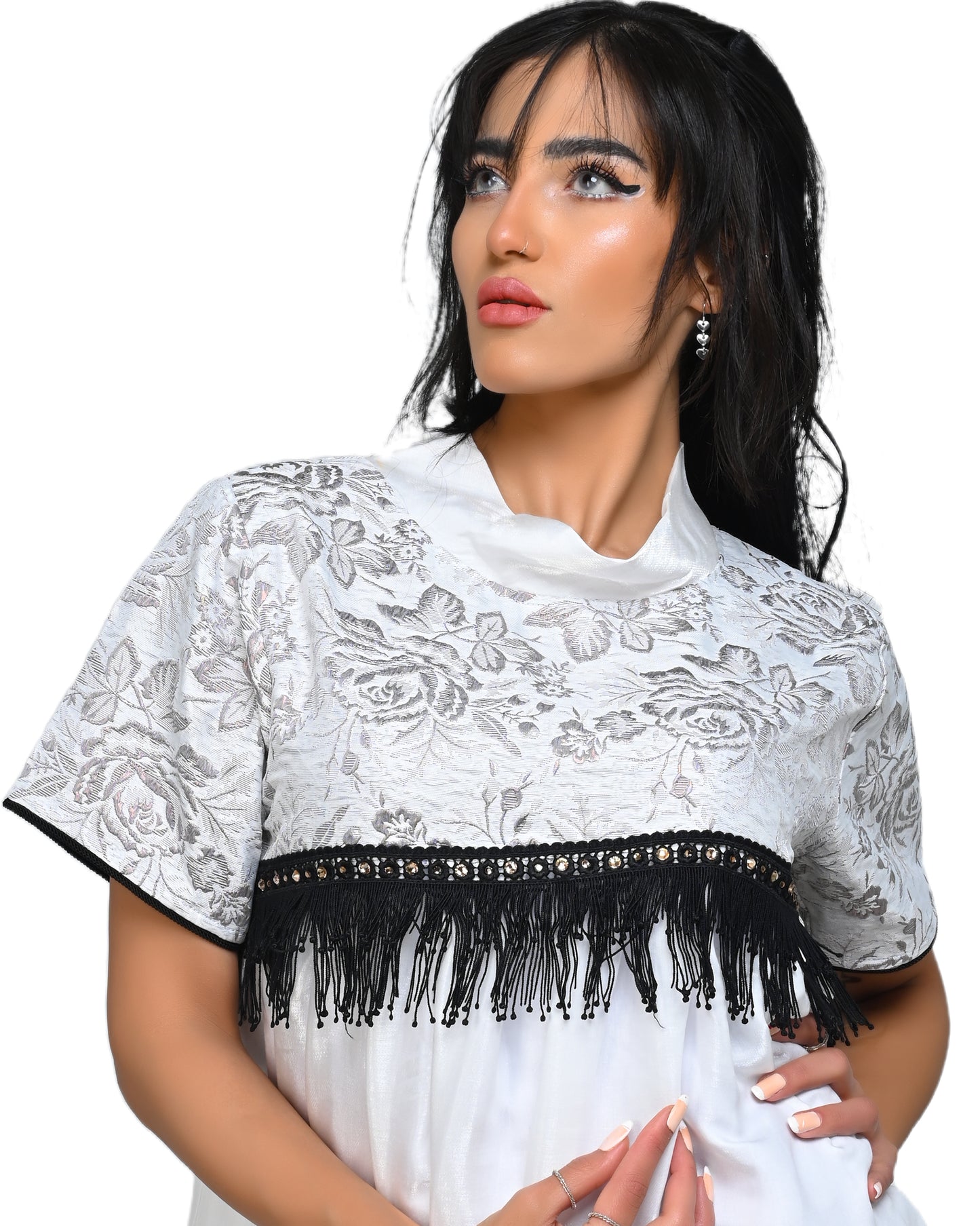 Silk satin dress embedded with crystals