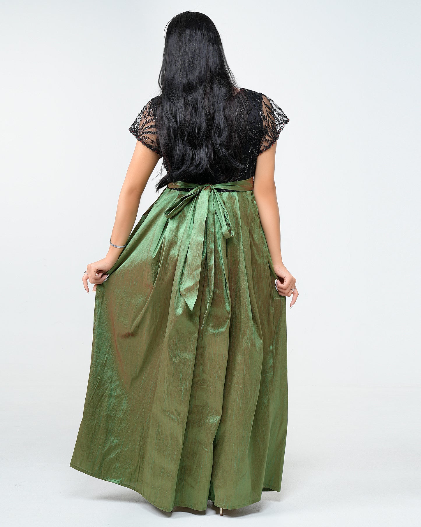 Indian silk and soft tulle dress embellished with sequins and a stone-studded belt