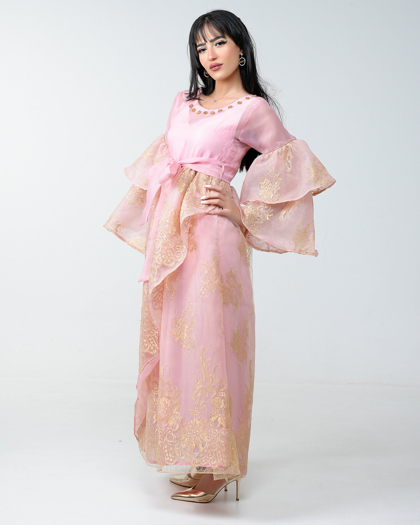 Pink organza dress with gold threads