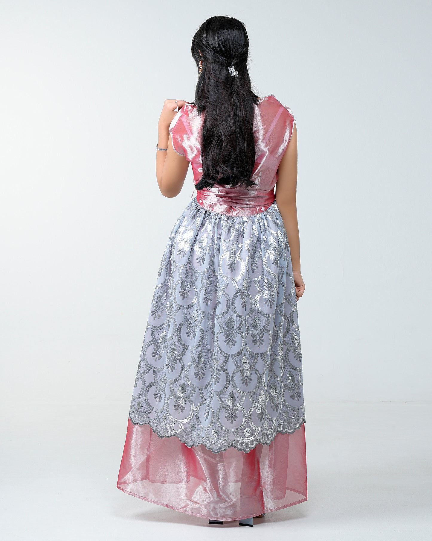 Pink organza dress with silver sequin fabric