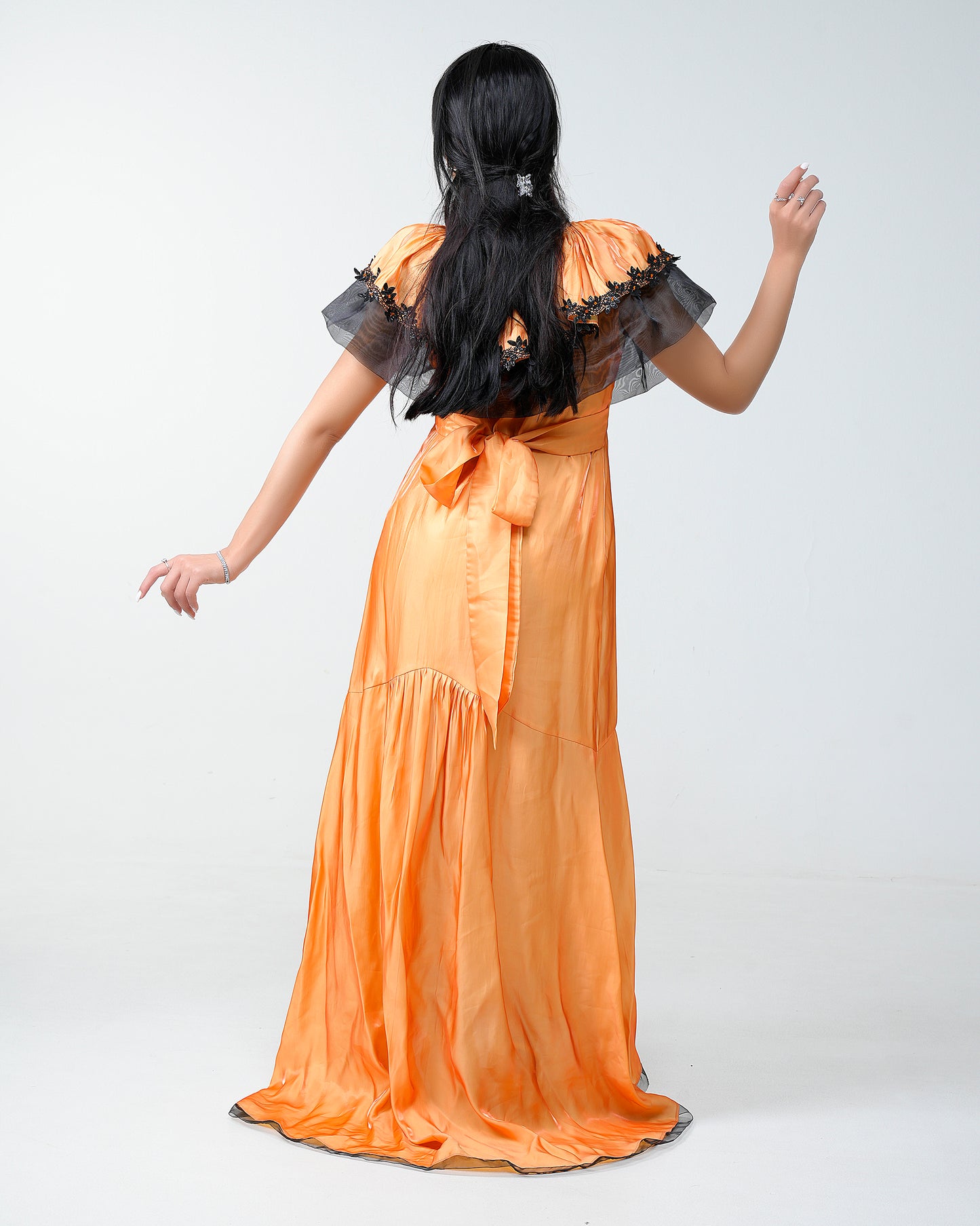 Silk organza dress with embroidered roses and scattered crystals