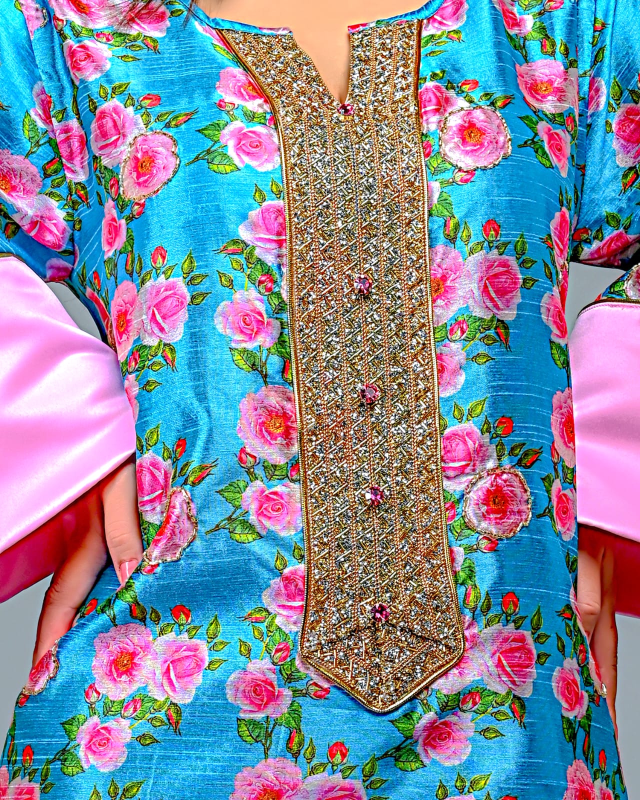 Indian silk dress printed with roses including crystal studs.