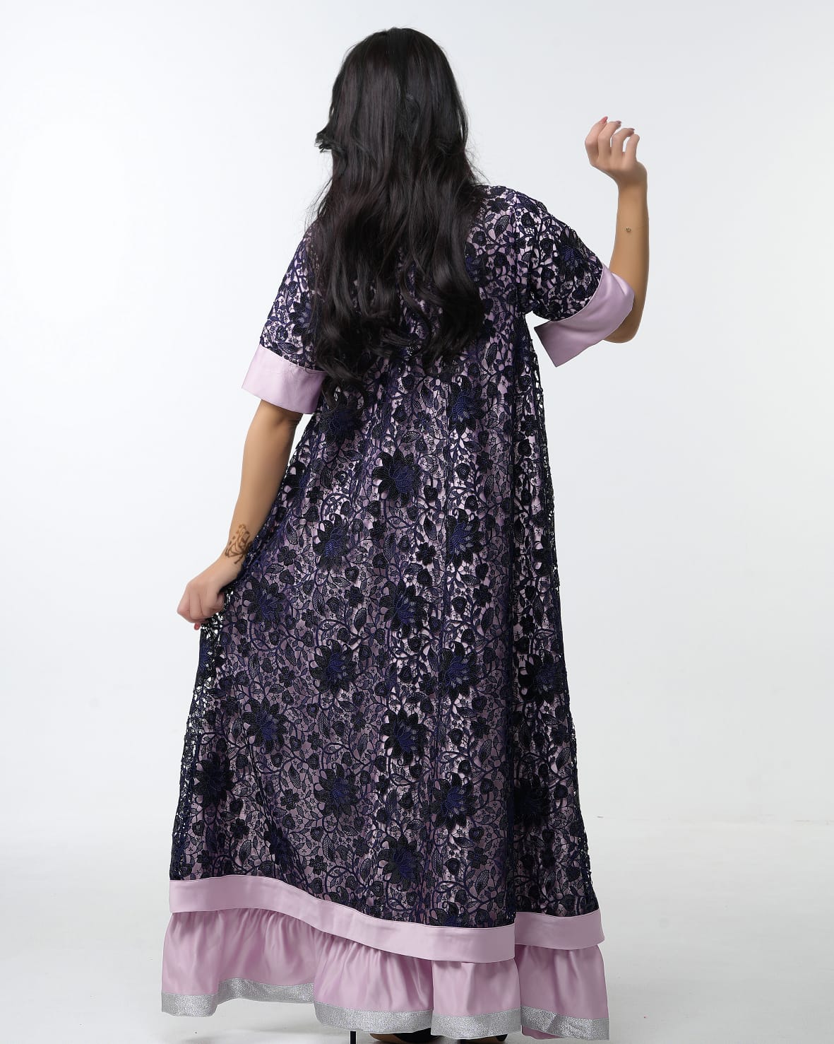 Purple satin dress with dark blue sequin