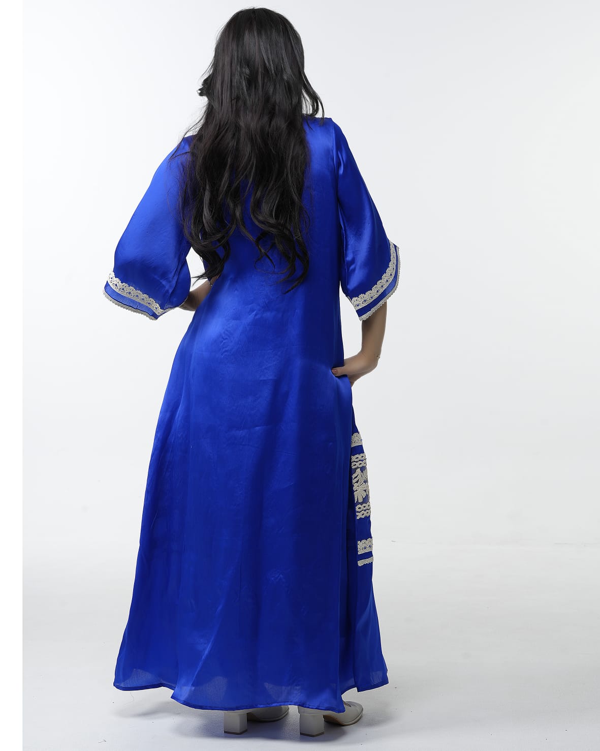 Royal blue organza dress with beige lace and embedded with crystals