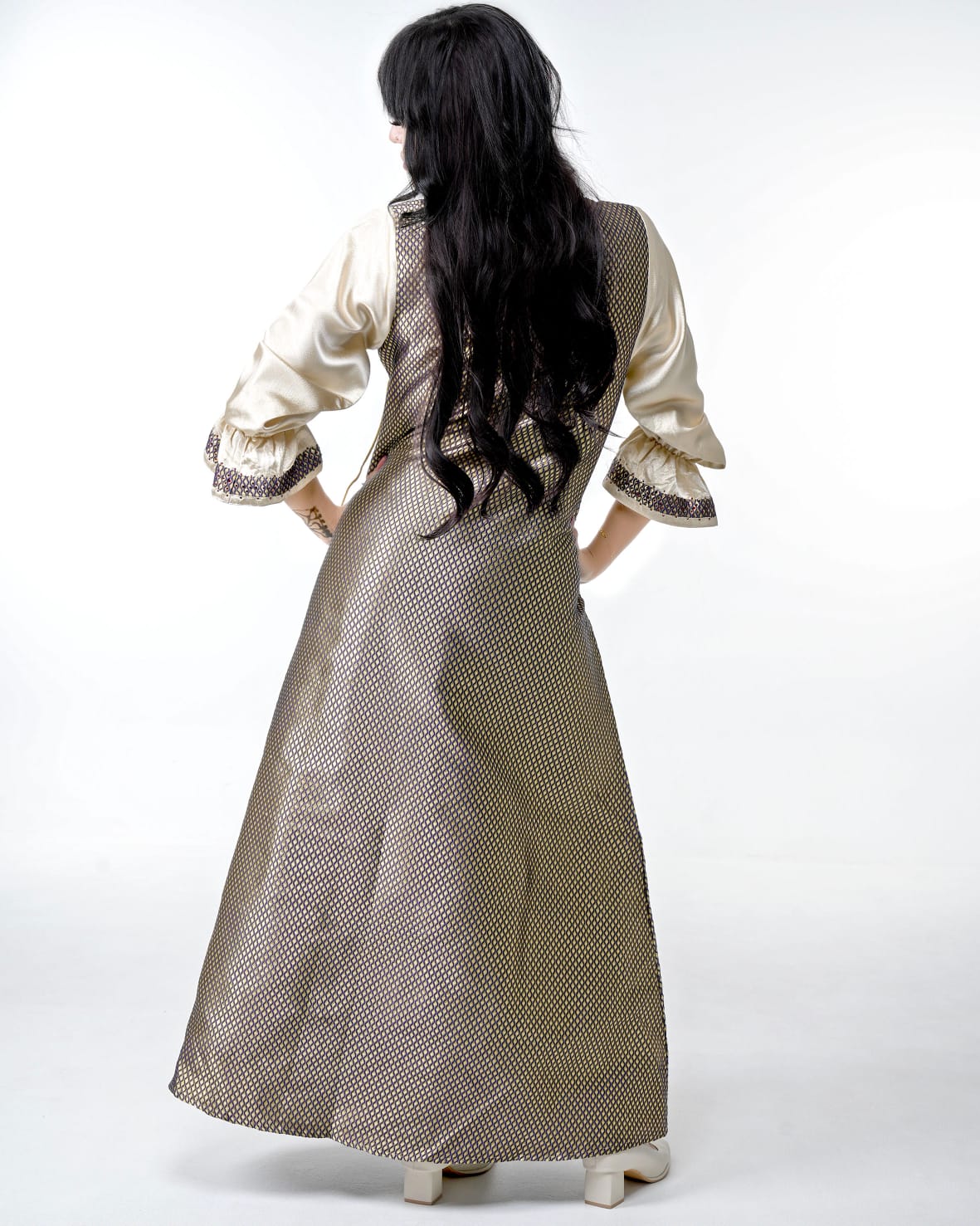 Silk satin dress embedded with crystals