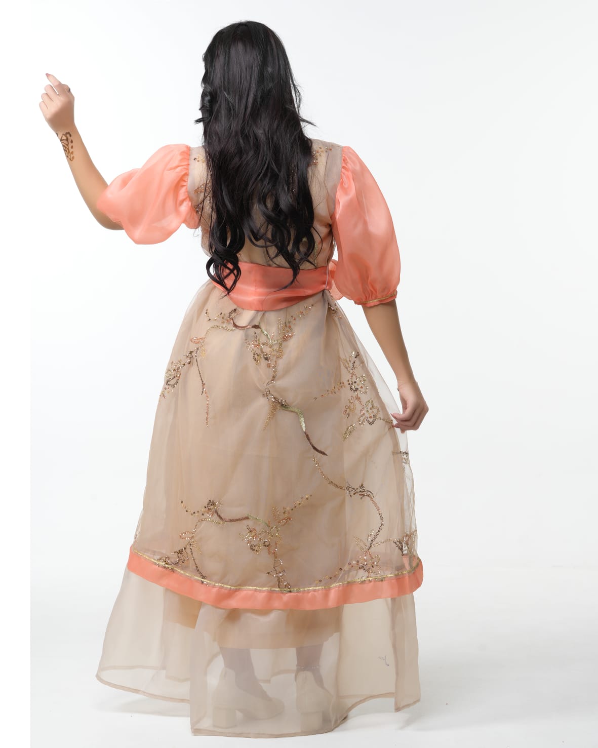 Orange and Beige color organza dress embroidered with bead stones