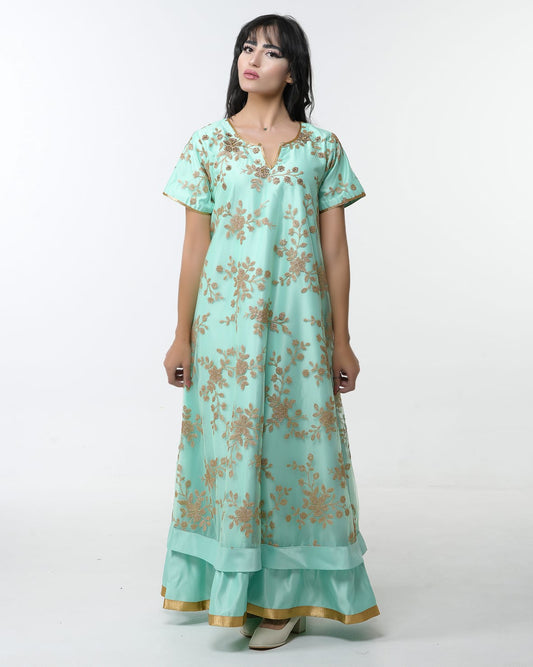 Luxurious Satin dress with Tulle embroidered using golden threads and studded with crystals